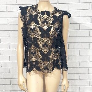 Fairy Grunge Black Lace Butterfly Sheer Overlay Gothic Sleeveless Top S/M